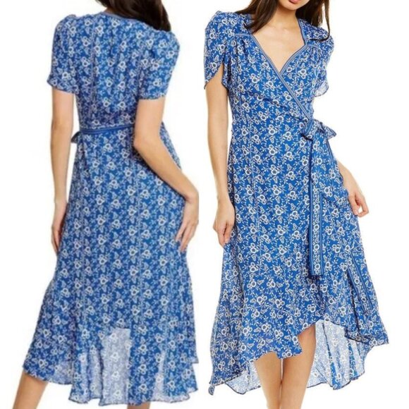 MAX STUDIO Blue White Black Floral Boho Summer Asymmetrical Midi True Wrap Dress - Picture 1 of 16